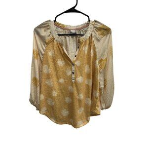 TruSelf Yellow & White Floral Pattern Lightweight Peasant Blouse Size PM Flowy